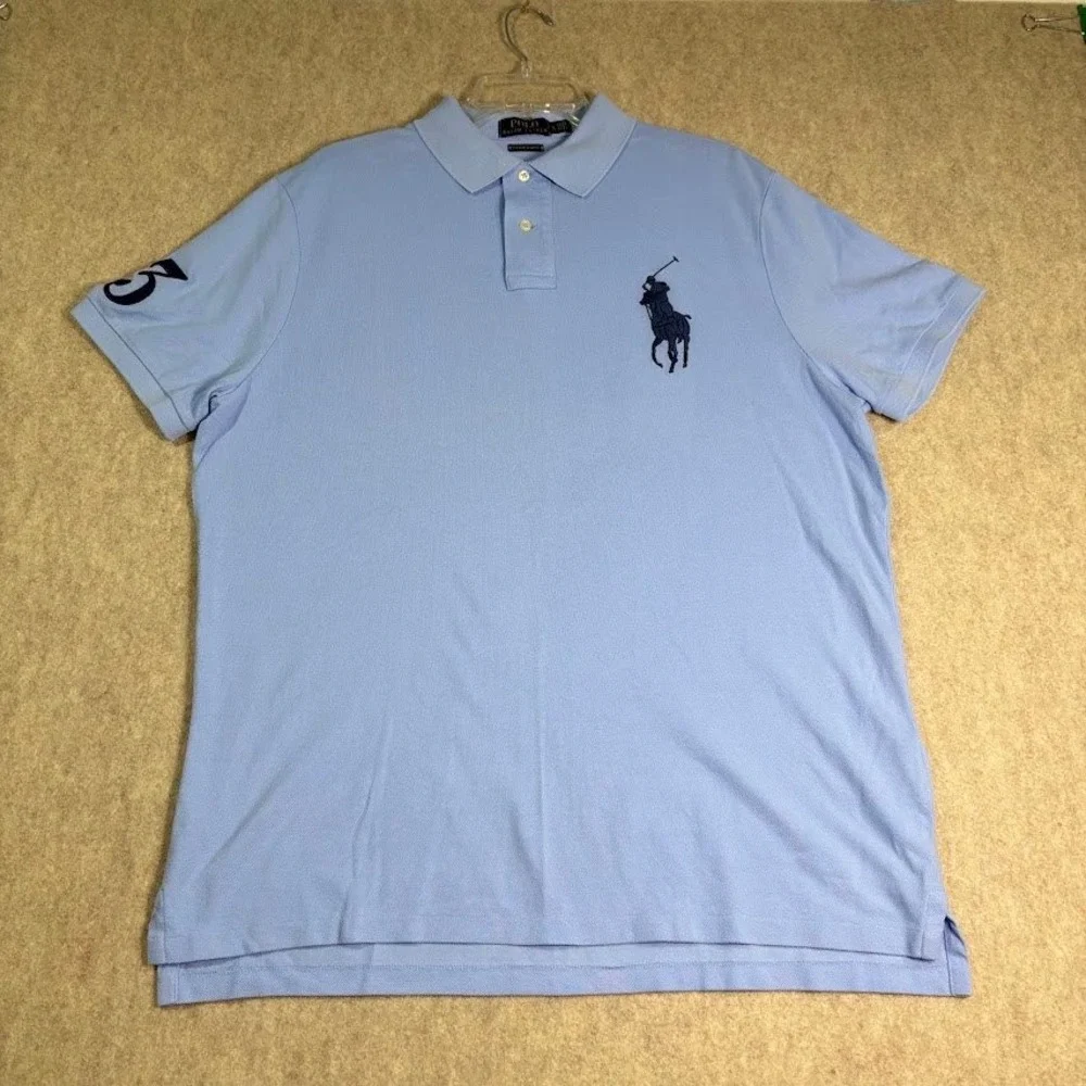 Polo Ralph Lauren Shirt Mens XL Blue Cotton Big Pony Custom Slim Fit Polo Preppy